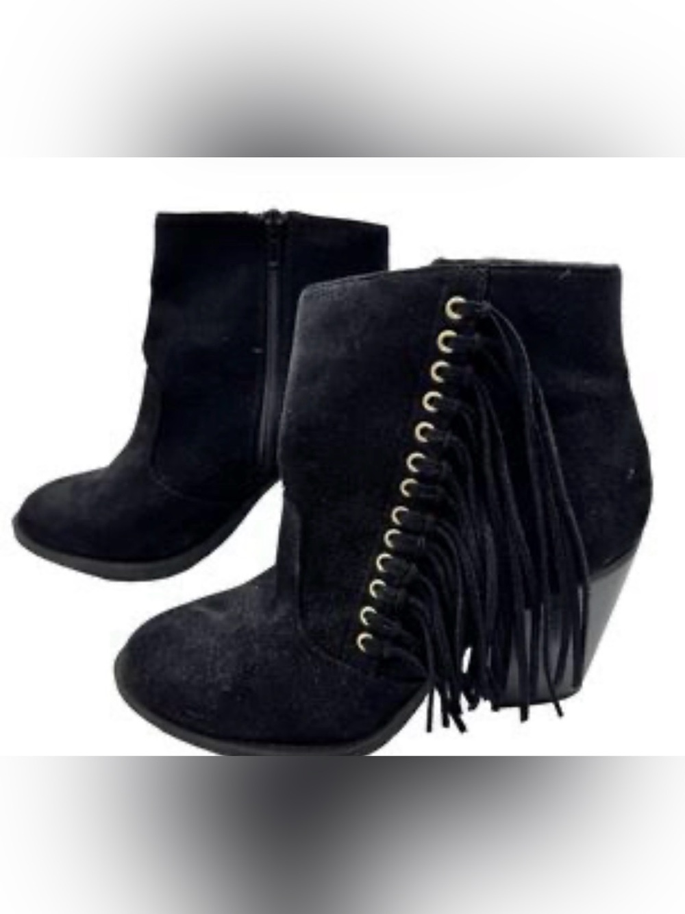 SODA Size 7 Women Black Faux Suede Fringe Ankle Booties with Block Heel Western